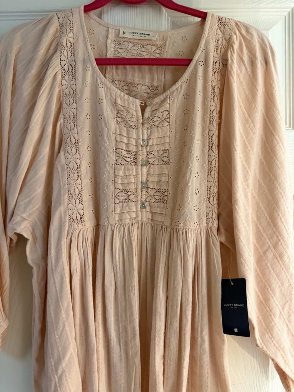 Lucky Brand Blush Peach Lace-Trim Peasant Tunic